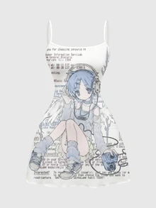 ROMWE Women's Y2K Anime Character & Slogan Print Waist Cinched Mini Cami Dress, Summer - Blue - View 1