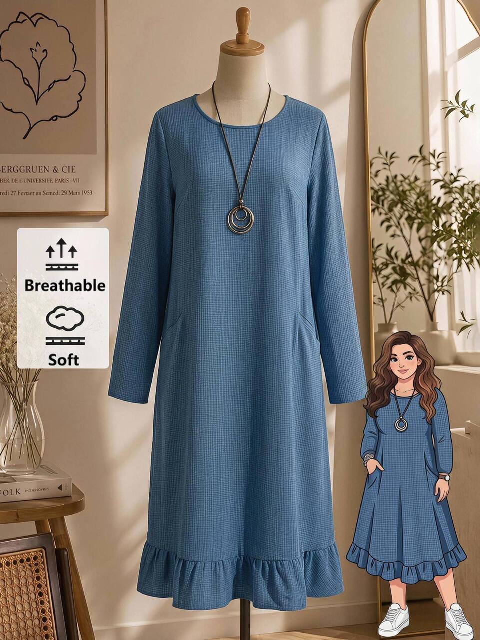 Plus Size Women Solid Color Round Neck Casual Normal Daily Autumn Dress Date Night Office Rodeo Dusty Blue Fall