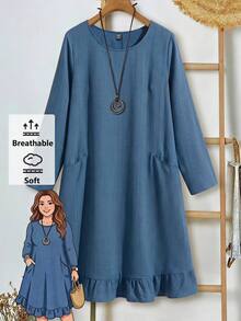 Rusticease Plus Size Women Solid Color Round Neck Casual Normal Daily Autumn Dress Date Night Office Rodeo Dusty Blue Fall - Navy Blue - View 1