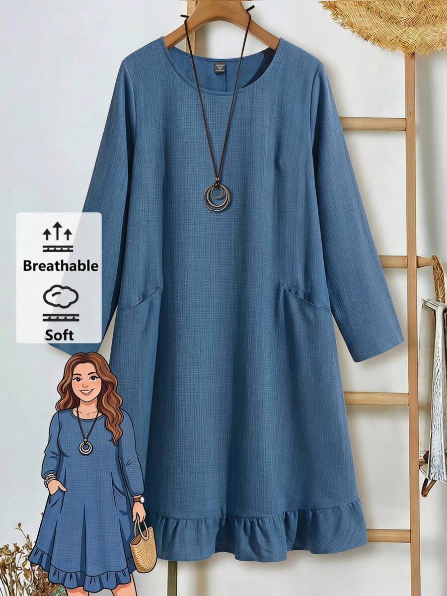 Rusticease Plus Size Women Solid Color Round Neck Casual Normal Daily Autumn Dress Date Night Office Rodeo Dusty Blue Fall - Navy Blue - View 1