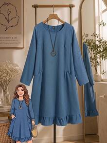 Rusticease Plus Size Women Solid Color Round Neck Casual Normal Daily Autumn Dress Date Night Office Rodeo Dusty Blue Fall - Navy Blue - View 3