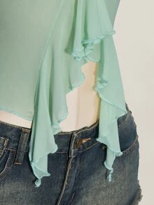 SHEIN ICON Summer Women's Sage Green Vacation Gentle Pleated Ruffle Ribbon Cropped Camisole Tank Top - Mint Green - View 11