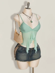 SHEIN ICON Summer Women's Sage Green Vacation Gentle Pleated Ruffle Ribbon Cropped Camisole Tank Top - Mint Green - View 7