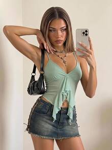 SHEIN ICON Summer Women's Sage Green Vacation Gentle Pleated Ruffle Ribbon Cropped Camisole Tank Top - Mint Green - View 12