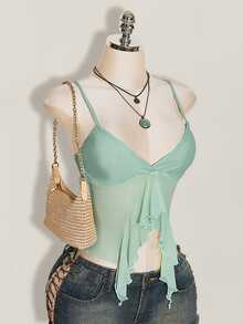 SHEIN ICON Summer Women's Sage Green Vacation Gentle Pleated Ruffle Ribbon Cropped Camisole Tank Top - Mint Green - View 3