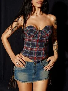 SHEIN ICON 女士复古格子抹胸上衣 - 酒紅色 - 查看 5