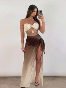 SHEIN Swim 女款春夏新款性感平口鏤空拼接彩色海洋金屬裝飾連身泳衣漸層網紗半裙沙灘穿搭2件套 - 卡其色 - 查看 1