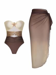 SHEIN Swim 女款春夏新款性感平口鏤空拼接彩色海洋金屬裝飾連身泳衣漸層網紗半裙沙灘穿搭2件套 - 卡其色 - 查看 6
