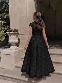 Skyraze Women's Black High Neck Mid-Length Knitted Jacquard Dress Halloween Dinner Cocktail Summer Retro Elegant - Black - View 3