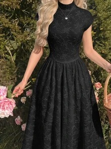 Skyraze Women's Black High Neck Mid-Length Knitted Jacquard Dress Halloween Dinner Cocktail Summer Retro Elegant - Black - View 5