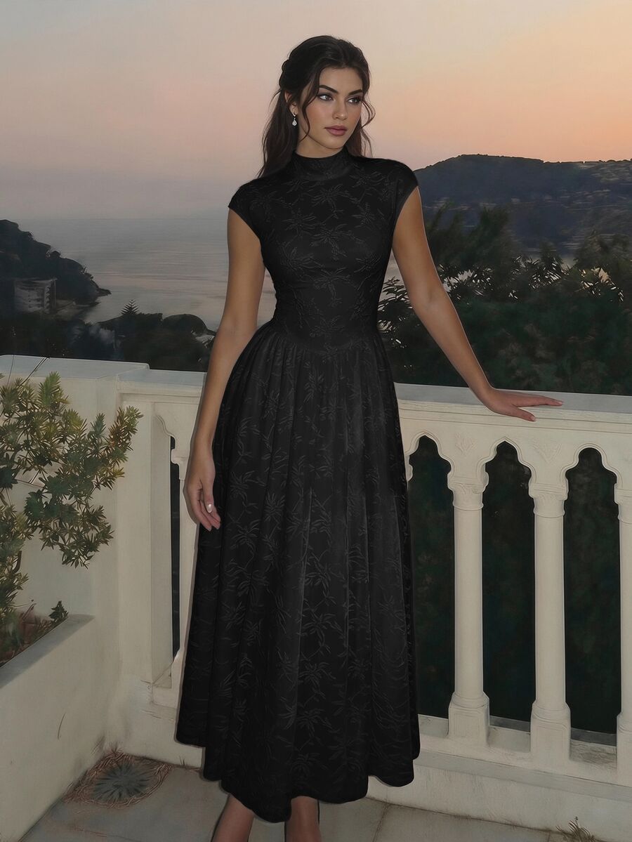 Skyraze Women's Black High Neck Mid-Length Knitted Jacquard Dress Halloween Dinner Cocktail Summer Retro Elegant - Black - View 1