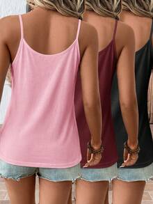 SHEIN LUNE 3pcs Black, Burgundy, Pink Lace Trim Camisole Tank Tops, Suitable For Spring And Summer - Multicolor - View 2