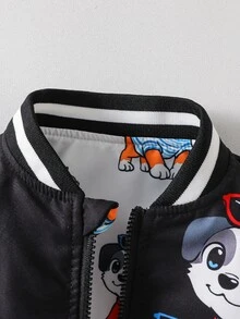 SHEIN Playful Pals Baby Boy Contrast Black Polka Dot Ribbed Collar Cartoon Cute Bear Print Long Sleeve Zip-Up Reversible Jacket Autumn Baggy - Black - View 11