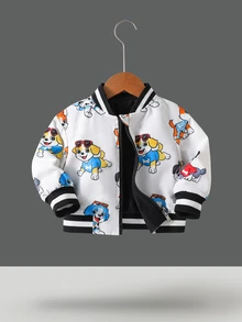 SHEIN Playful Pals Baby Boy Contrast Black Polka Dot Ribbed Collar Cartoon Cute Bear Print Long Sleeve Zip-Up Reversible Jacket Autumn Baggy - Black - View 4