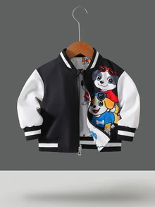 SHEIN Playful Pals Baby Boy Contrast Black Polka Dot Ribbed Collar Cartoon Cute Bear Print Long Sleeve Zip-Up Reversible Jacket Autumn Baggy - Black - View 9