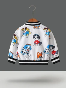 SHEIN Playful Pals Baby Boy Contrast Black Polka Dot Ribbed Collar Cartoon Cute Bear Print Long Sleeve Zip-Up Reversible Jacket Autumn Baggy - Black - View 7