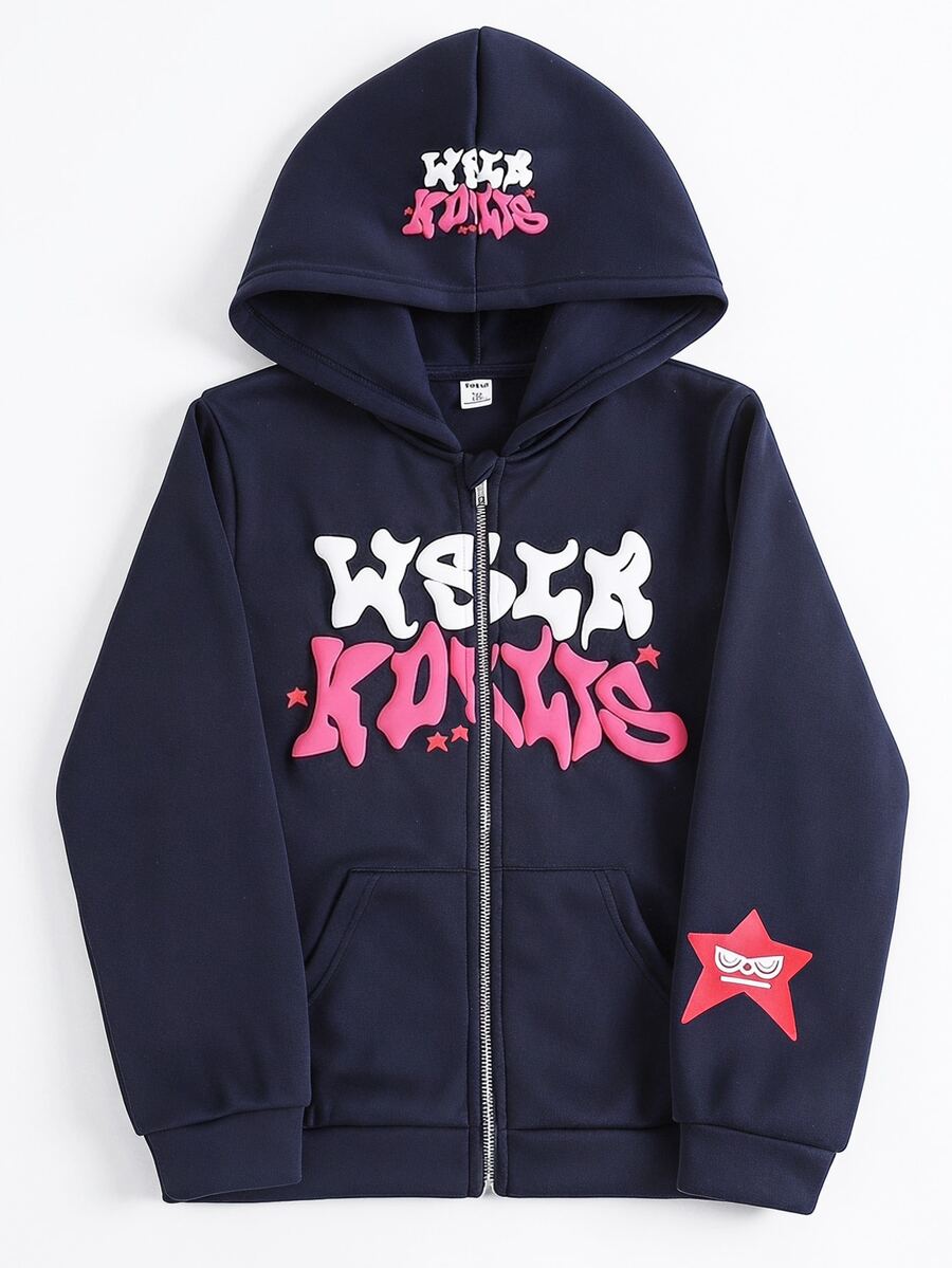 SHEIN ChillGRL 女童街頭風連帽拉鍊運動衫，保暖內裡秋/冬款 - 藏蓝色 - 查看 1