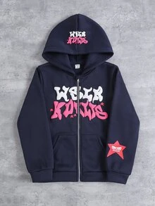 SHEIN ChillGRL 女童街頭風連帽拉鍊運動衫，保暖內裡秋/冬款 - 藏蓝色 - 查看 6