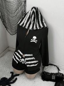 Sunspun Plus Size Casual Punk Dark Print Studded Decor Double Zipper Hoodie Jacket Fall - Black - View 5