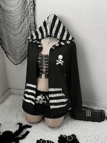 Sunspun Plus Size Casual Punk Dark Print Studded Decor Double Zipper Hoodie Jacket Fall - Black - View 1