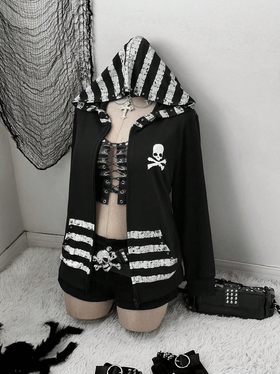 Sunspun Plus Size Casual Punk Dark Print Studded Decor Double Zipper Hoodie Jacket Fall - Black - View 1