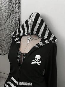 Sunspun Plus Size Casual Punk Dark Print Studded Decor Double Zipper Hoodie Jacket Fall - Black - View 7