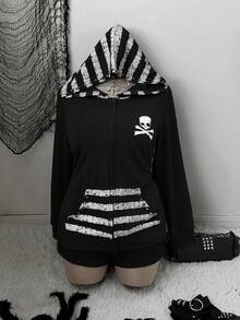 Sunspun Plus Size Casual Punk Dark Print Studded Decor Double Zipper Hoodie Jacket Fall - Black - View 3