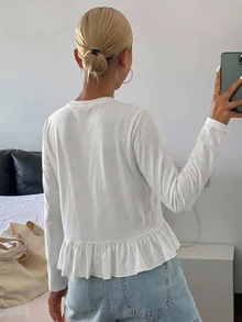 DAZY Women's Solid Color Fitted Round Neck Short Sleeve Patchwork Lace Trim Casual Summer T-Shirt - White - View 2