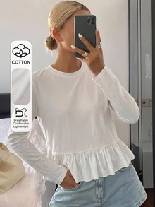 DAZY Women's Solid Color Fitted Round Neck Short Sleeve Patchwork Lace Trim Casual Summer T-Shirt - White - View 1