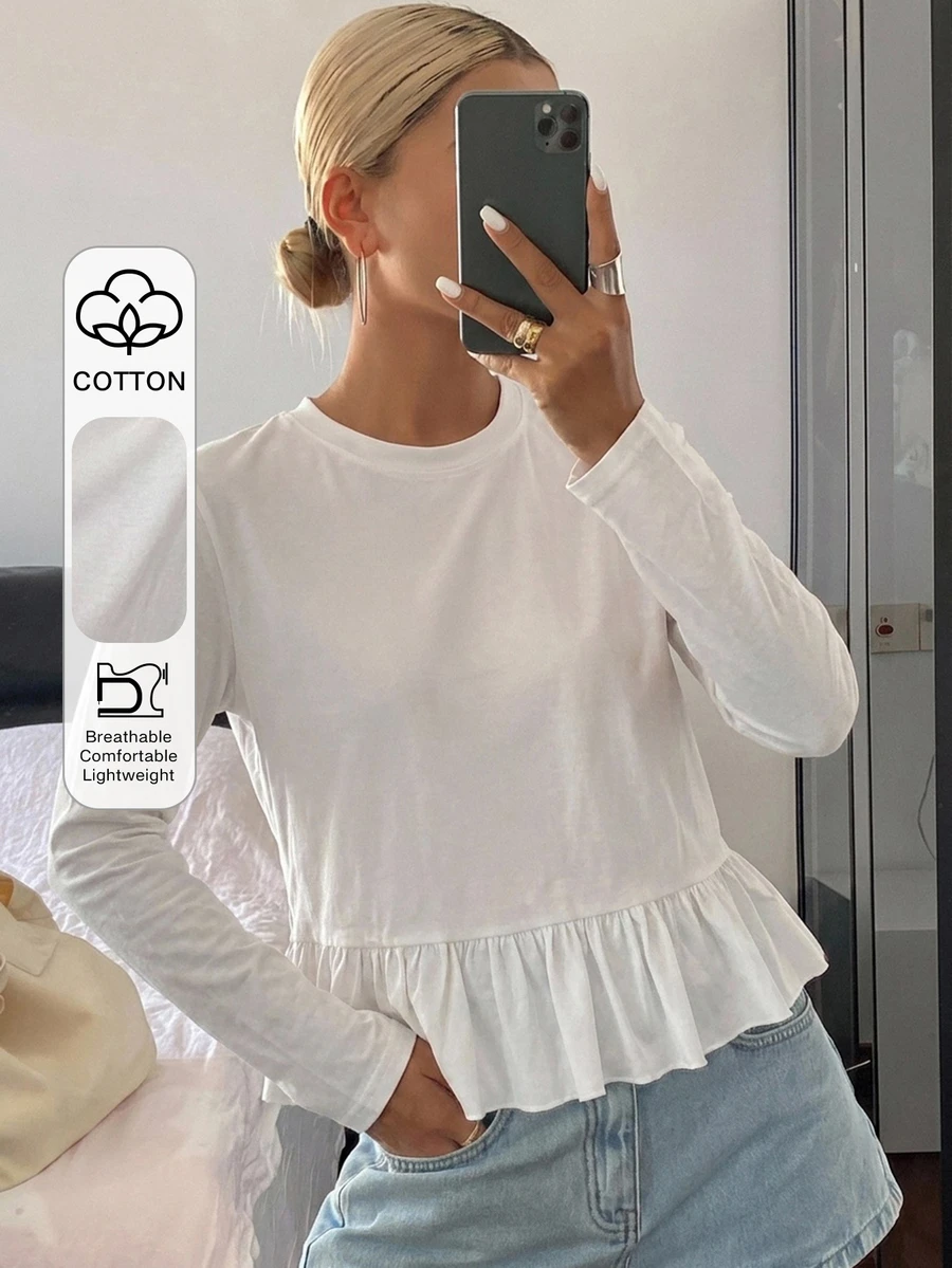 DAZY Women's Solid Color Fitted Round Neck Short Sleeve Patchwork Lace Trim Casual Summer T-Shirt - White - View 1