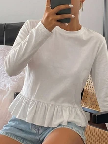 DAZY Women's Solid Color Fitted Round Neck Short Sleeve Patchwork Lace Trim Casual Summer T-Shirt - White - View 7