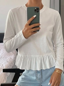 DAZY Women's Solid Color Fitted Round Neck Short Sleeve Patchwork Lace Trim Casual Summer T-Shirt - White - View 4