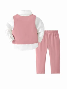 Conjunto de chaleco y pantalones de un solo pecho de unicolor para bebé niño, traje de caballero - Rosa - Ver 2