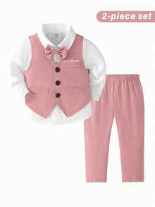 Conjunto de chaleco y pantalones de un solo pecho de unicolor para bebé niño, traje de caballero - Rosa - Ver 1