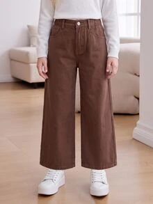 SHEIN Denimly 女孩時尚休閒極簡牛仔長褲，彈性腰頭拉鍊門襟，水洗效果，棕色，適合返校、假期、夏季、秋季 - 咖啡棕 - 查看 1