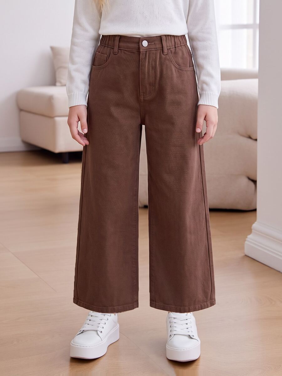 SHEIN Denimly 女孩時尚休閒極簡牛仔長褲,彈性腰頭拉鍊門襟,水洗效果,棕色,適合返校、假期、夏季、秋季 - 咖啡棕 - 查看 1