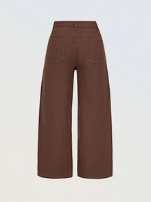 SHEIN Denimly 女孩時尚休閒極簡牛仔長褲，彈性腰頭拉鍊門襟，水洗效果，棕色，適合返校、假期、夏季、秋季 - 咖啡棕 - 查看 2