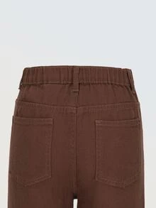 SHEIN Denimly 女孩時尚休閒極簡牛仔長褲，彈性腰頭拉鍊門襟，水洗效果，棕色，適合返校、假期、夏季、秋季 - 咖啡棕 - 查看 5