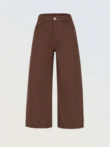 SHEIN Denimly 女孩時尚休閒極簡牛仔長褲，彈性腰頭拉鍊門襟，水洗效果，棕色，適合返校、假期、夏季、秋季 - 咖啡棕 - 查看 6