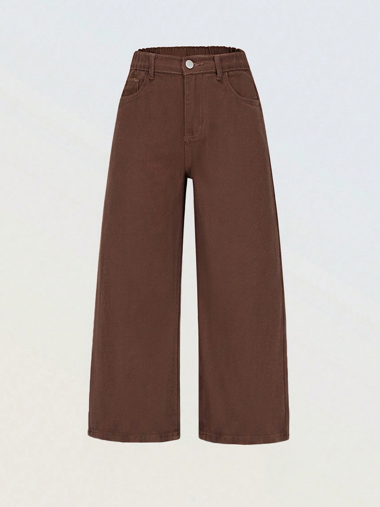 SHEIN Denimly Girls Fashion Casual Minimalist Denim Jeans, Elastic Waist Zip Fly, Wash Effect Long Pants Back-To-School Holiday Brown Summer Autumn Fall - Coffee Brown - View 6