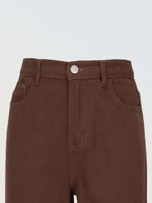 SHEIN Denimly 女孩時尚休閒極簡牛仔長褲，彈性腰頭拉鍊門襟，水洗效果，棕色，適合返校、假期、夏季、秋季 - 咖啡棕 - 查看 4