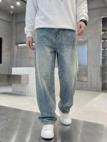 青少年男孩復古韓系水藍色牛仔褲 寬鬆寬腿直筒 時尚街頭風 夏季開學休閒校園穿著 舒適 - 中等水洗藍 - 查看 8