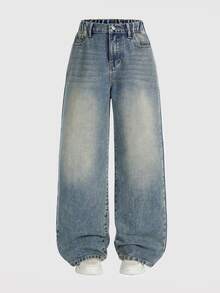 青少年男孩復古韓系水藍色牛仔褲 寬鬆寬腿直筒 時尚街頭風 夏季開學休閒校園穿著 舒適 - 中等水洗藍 - 查看 7