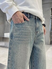 青少年男孩復古韓系水藍色牛仔褲 寬鬆寬腿直筒 時尚街頭風 夏季開學休閒校園穿著 舒適 - 中等水洗藍 - 查看 6