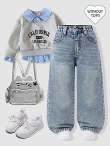 SHEIN Young Girl Y2K Street Daily Elastic Waist Straight Jeans With Flat Pockets Daily OOTD Autumn Winter - Light Wash - View 1