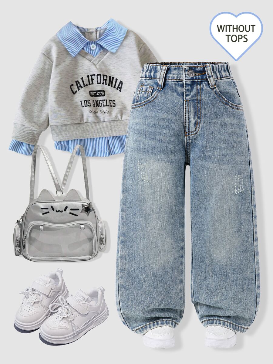 SHEIN Young Girl Y2K Street Daily Elastic Waist Straight Jeans With Flat Pockets Daily OOTD Autumn Winter - Light Wash - View 1