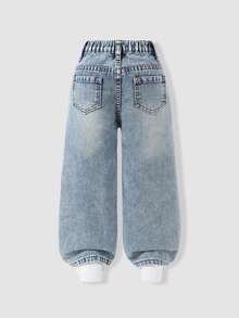 SHEIN Young Girl Y2K Street Daily Elastic Waist Straight Jeans With Flat Pockets Daily OOTD Autumn Winter - Light Wash - View 2