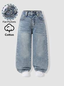 SHEIN Young Girl Y2K Street Daily Elastic Waist Straight Jeans With Flat Pockets Daily OOTD Autumn Winter - Light Wash - View 3