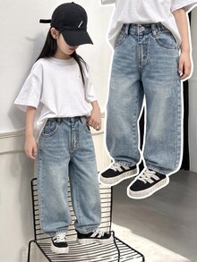 SHEIN Young Girl Y2K Street Daily Elastic Waist Straight Jeans With Flat Pockets Daily OOTD Autumn Winter - Light Wash - View 4