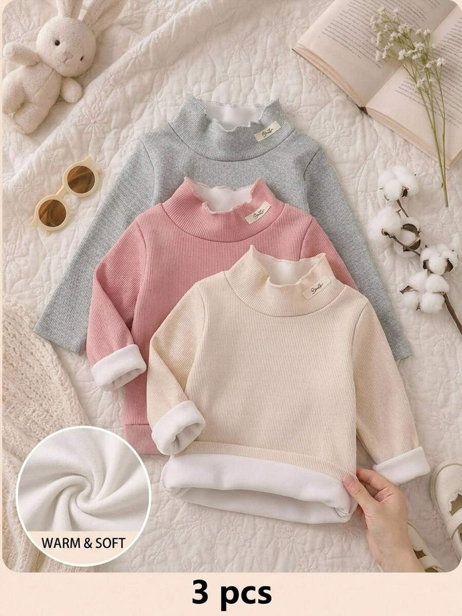SHEIN Playful Pals 3pcs Toddler Baby Girls Pullover Tops Sweet Pink Grey Beige Lettuce Trim Long Sleeve Mock Neck Thick Birthday Party Winter Fall Jumpers Sweaters Plush
